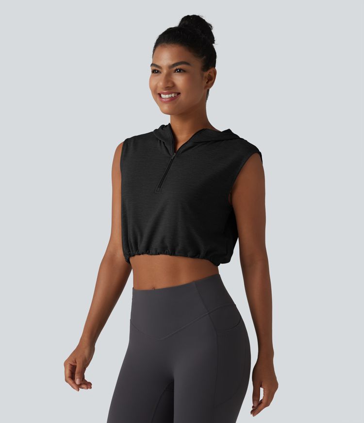 Hooded Sleeveless Half Zip Cropped Yoga Tank Top