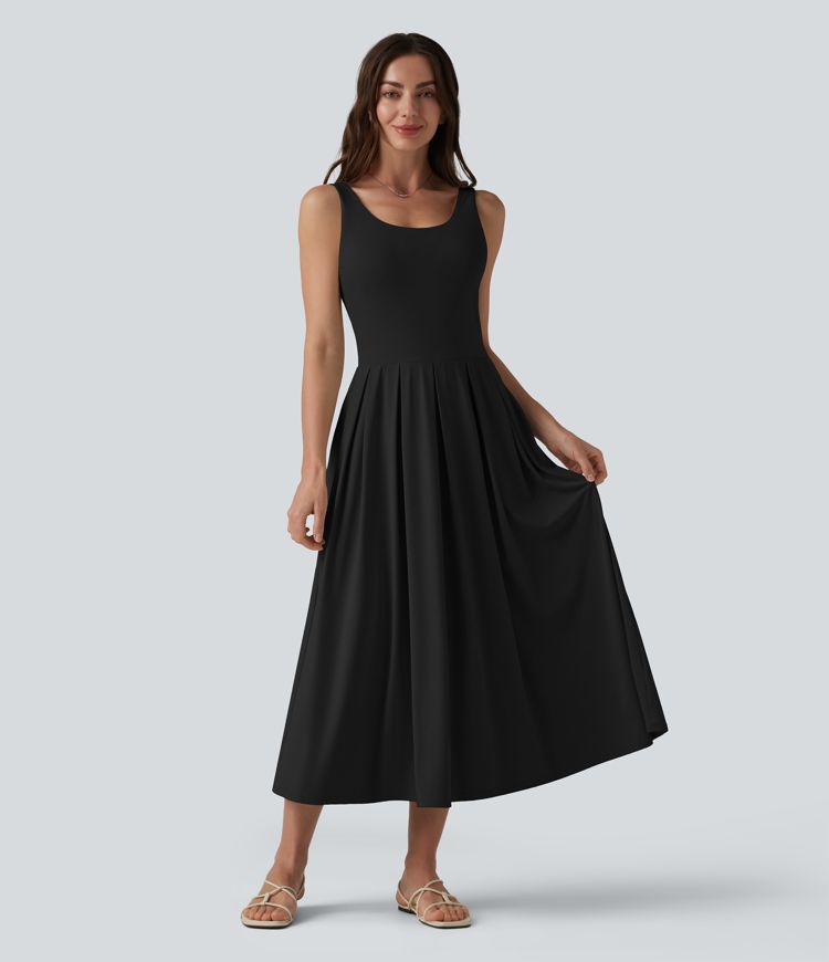 U Neck Built-in Bra Flowy Midi Casual Tank Dress with Pockets
