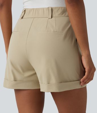 Short tailleur large en popeline stretch plissé taille haute avec ourlet roulotté et poches