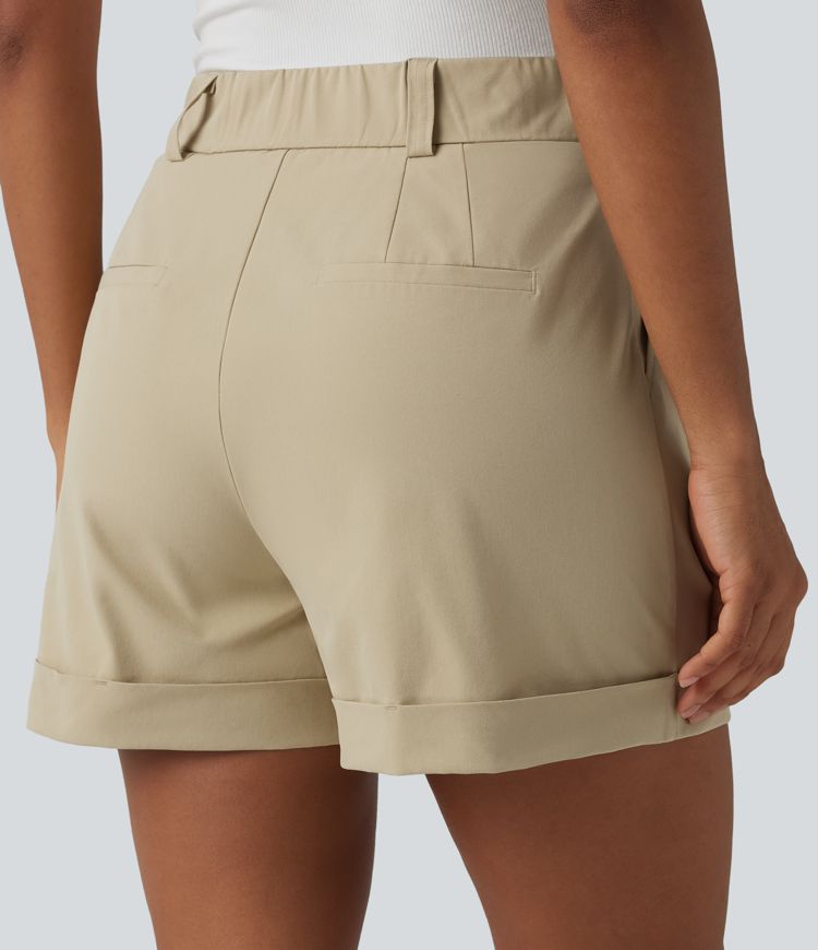 Short tailleur large en popeline stretch plissé taille haute avec ourlet roulotté et poches