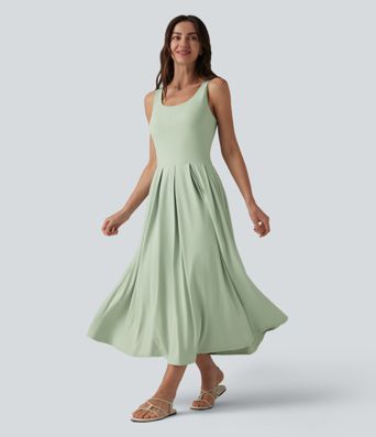 U Neck Built-in Bra Flowy Midi Casual Tank Dress with Pockets
