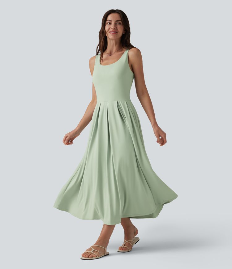 U Neck Built-in Bra Flowy Midi Casual Tank Dress with Pockets