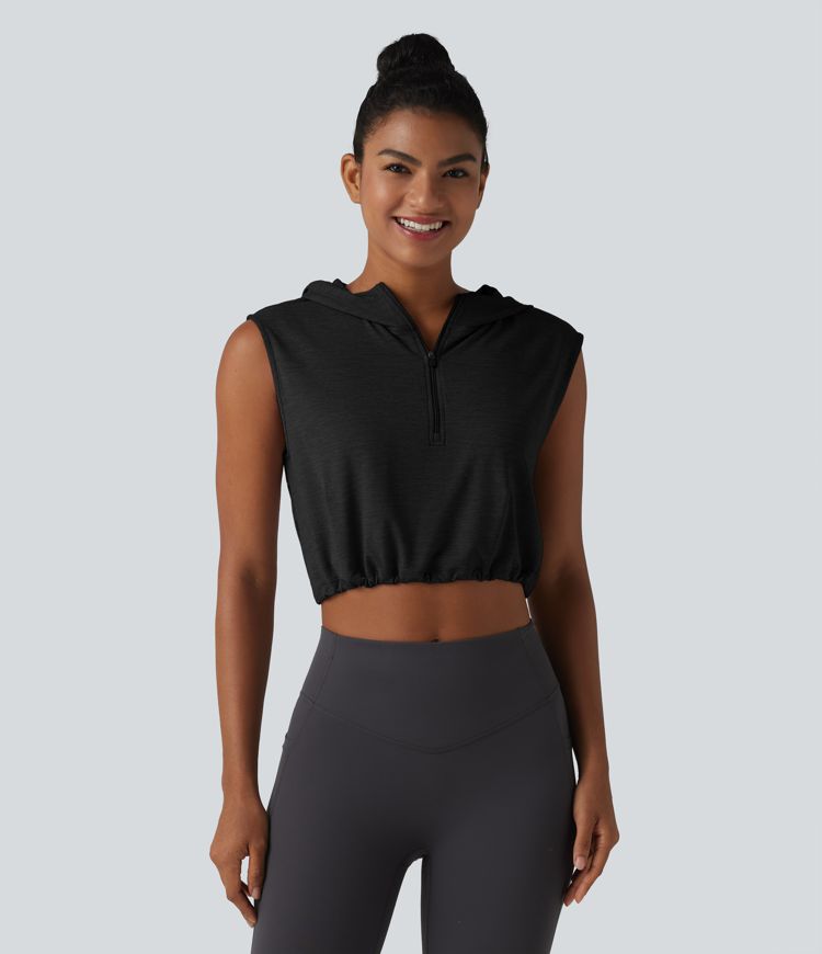 Hooded Sleeveless Half Zip Cropped Yoga Tank Top