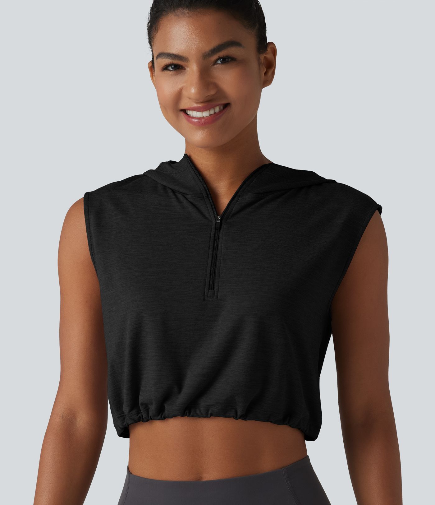 Hooded Sleeveless Half Zip Cropped Yoga Tank Top