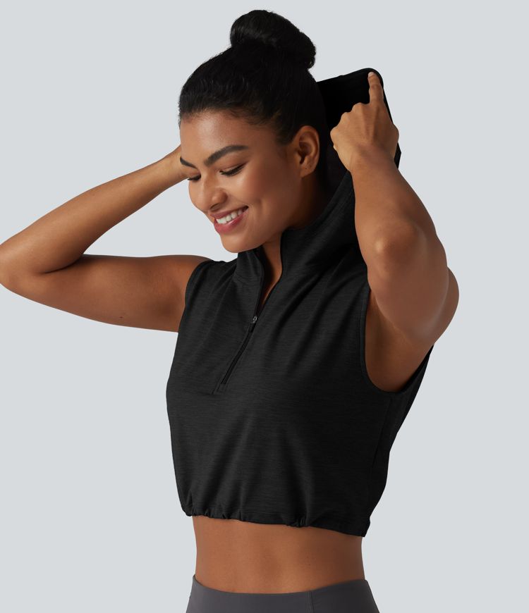 Hooded Sleeveless Half Zip Cropped Yoga Tank Top