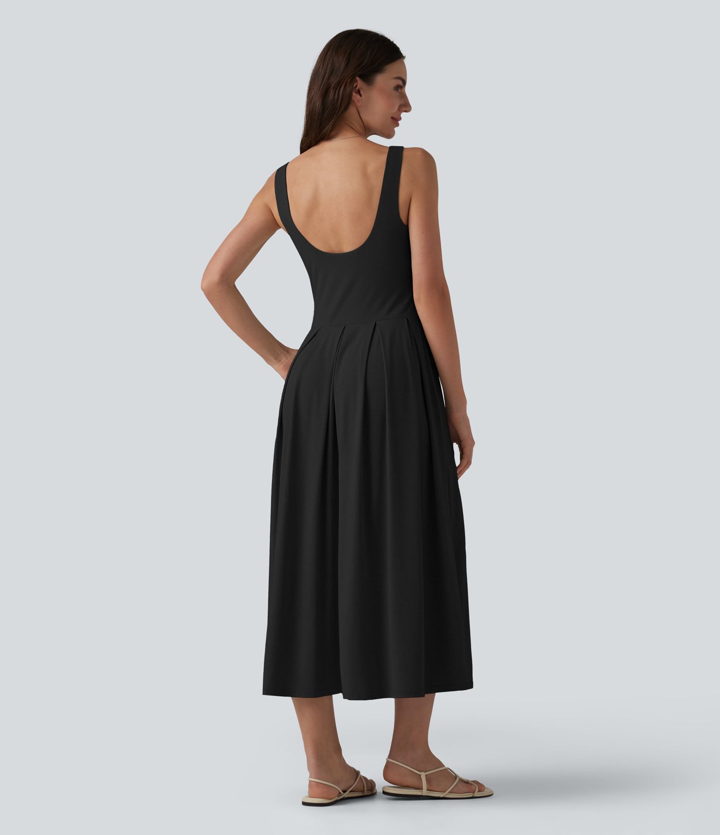 U Neck Built-in Bra Flowy Midi Casual Tank Dress with Pockets