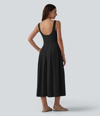 U Neck Built-in Bra Flowy Midi Casual Tank Dress with Pockets