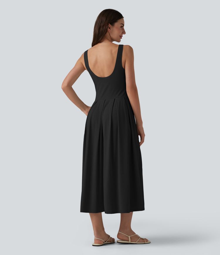U Neck Built-in Bra Flowy Midi Casual Tank Dress with Pockets