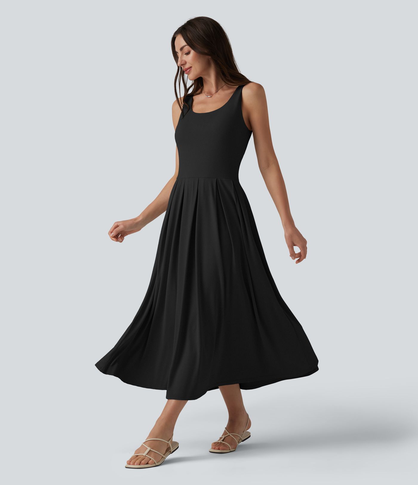 U Neck Built-in Bra Flowy Midi Casual Tank Dress with Pockets
