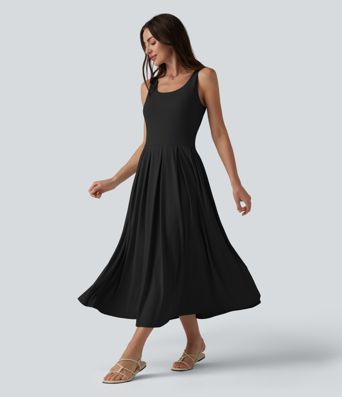 U Neck Built-in Bra Flowy Midi Casual Tank Dress with Pockets