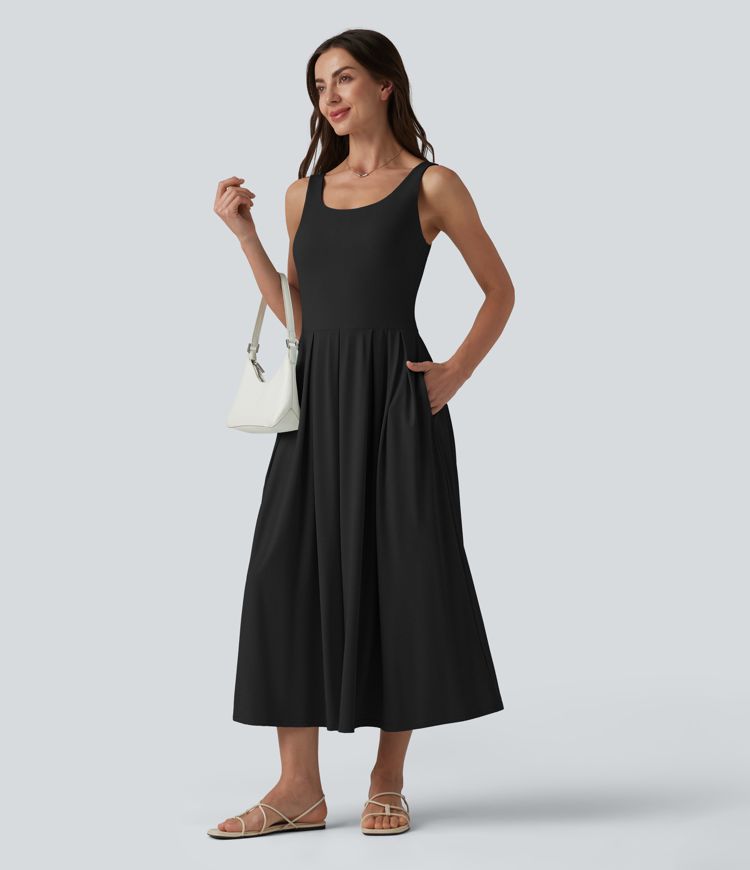 U Neck Built-in Bra Flowy Midi Casual Tank Dress with Pockets
