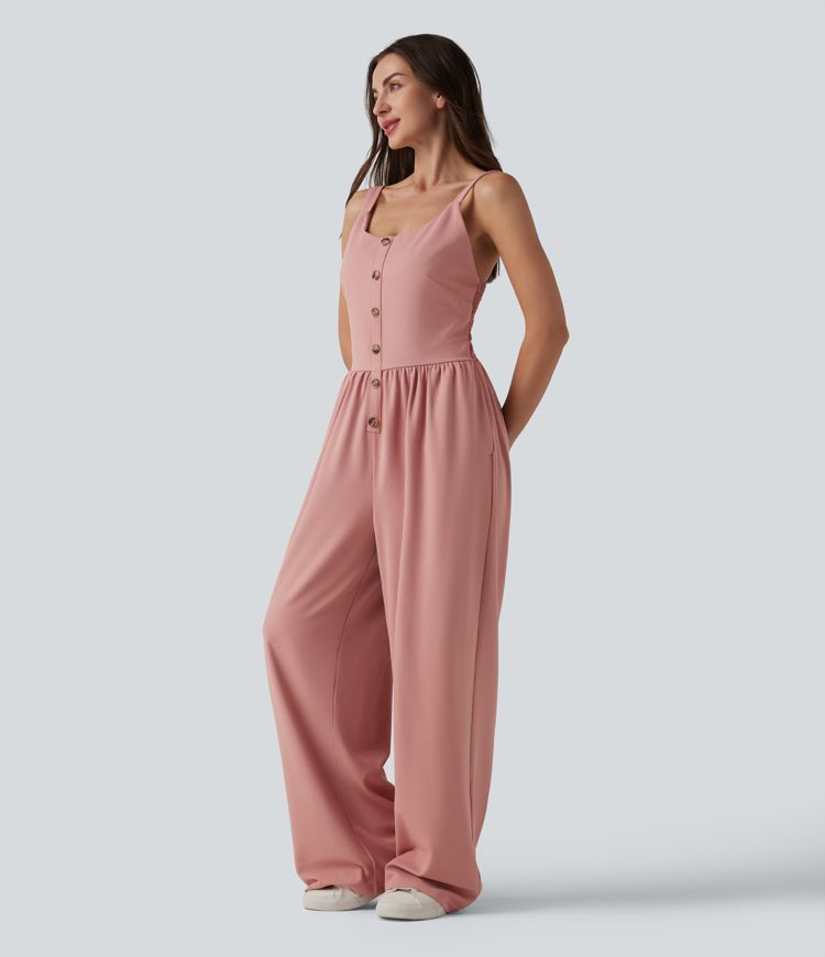 Combinaison casual large en tissu gaufré col U sans manches avec fronces, boutons décoratifs et poches — Easy Peasy