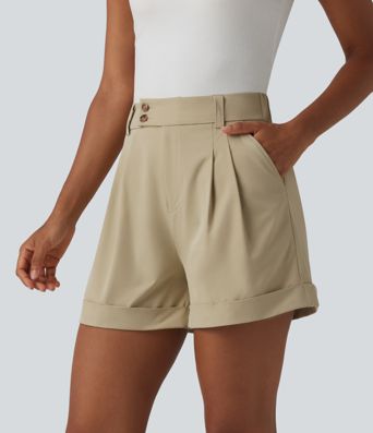 Short tailleur large en popeline stretch plissé taille haute avec ourlet roulotté et poches