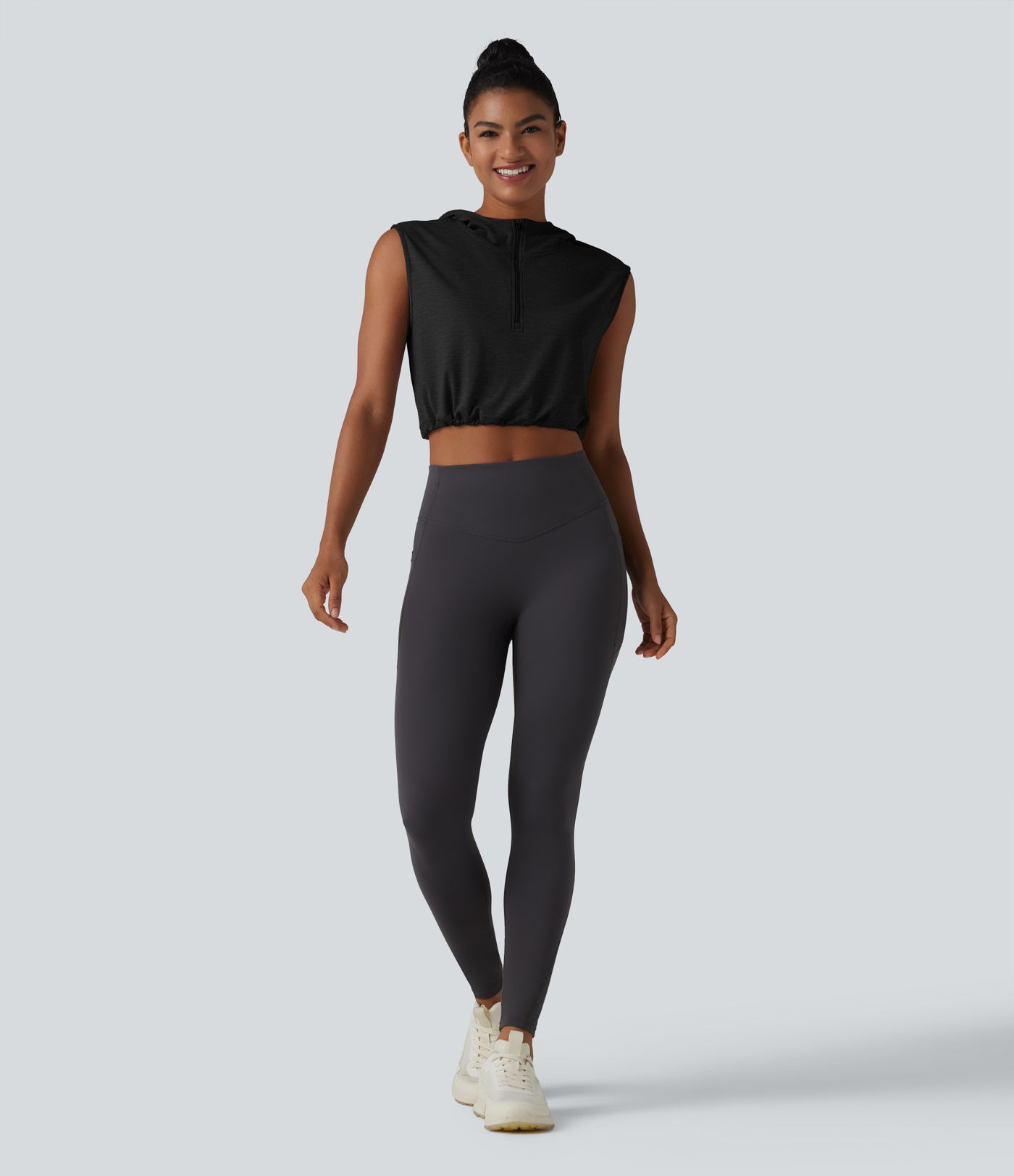 Hooded Sleeveless Half Zip Cropped Yoga Tank Top