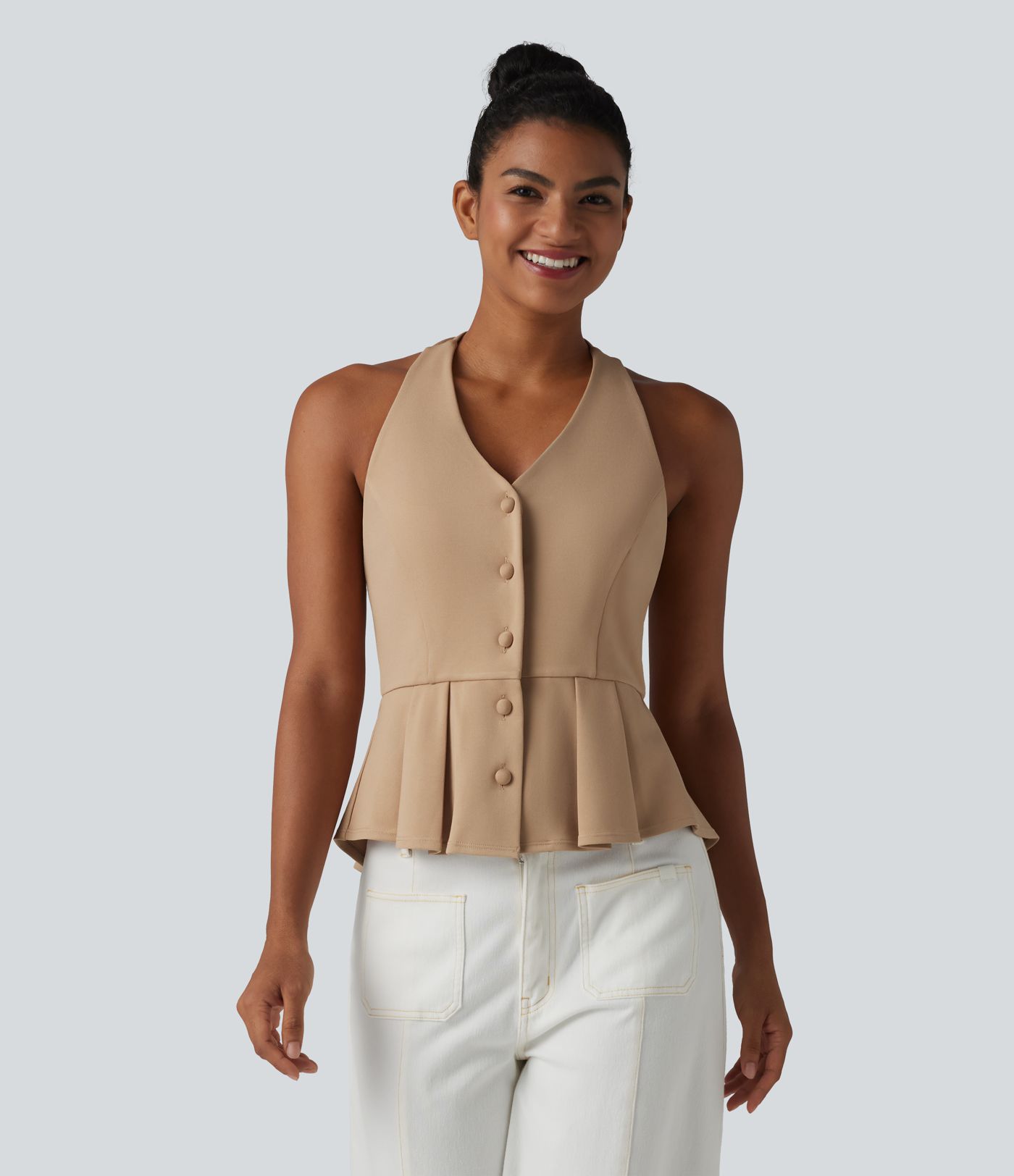 Halter Tie Back Pleated Casual Tank Top