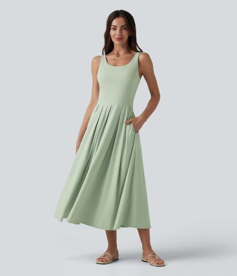 U Neck Built-in Bra Flowy Midi Casual Tank Dress with Pockets