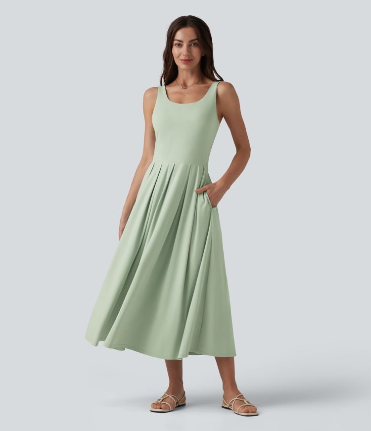 U Neck Built-in Bra Flowy Midi Casual Tank Dress with Pockets