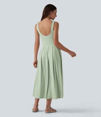 U Neck Built-in Bra Flowy Midi Casual Tank Dress with Pockets