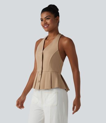 Halter Tie Back Pleated Casual Tank Top