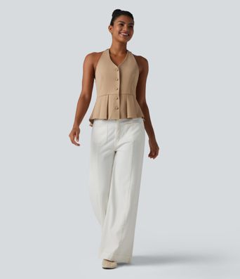 Halter Tie Back Pleated Casual Tank Top