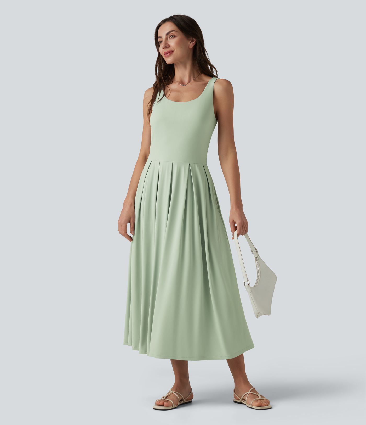 U Neck Built-in Bra Flowy Midi Casual Tank Dress with Pockets