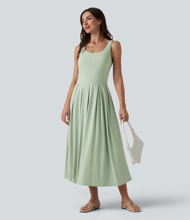 U Neck Built-in Bra Flowy Midi Casual Tank Dress with Pockets