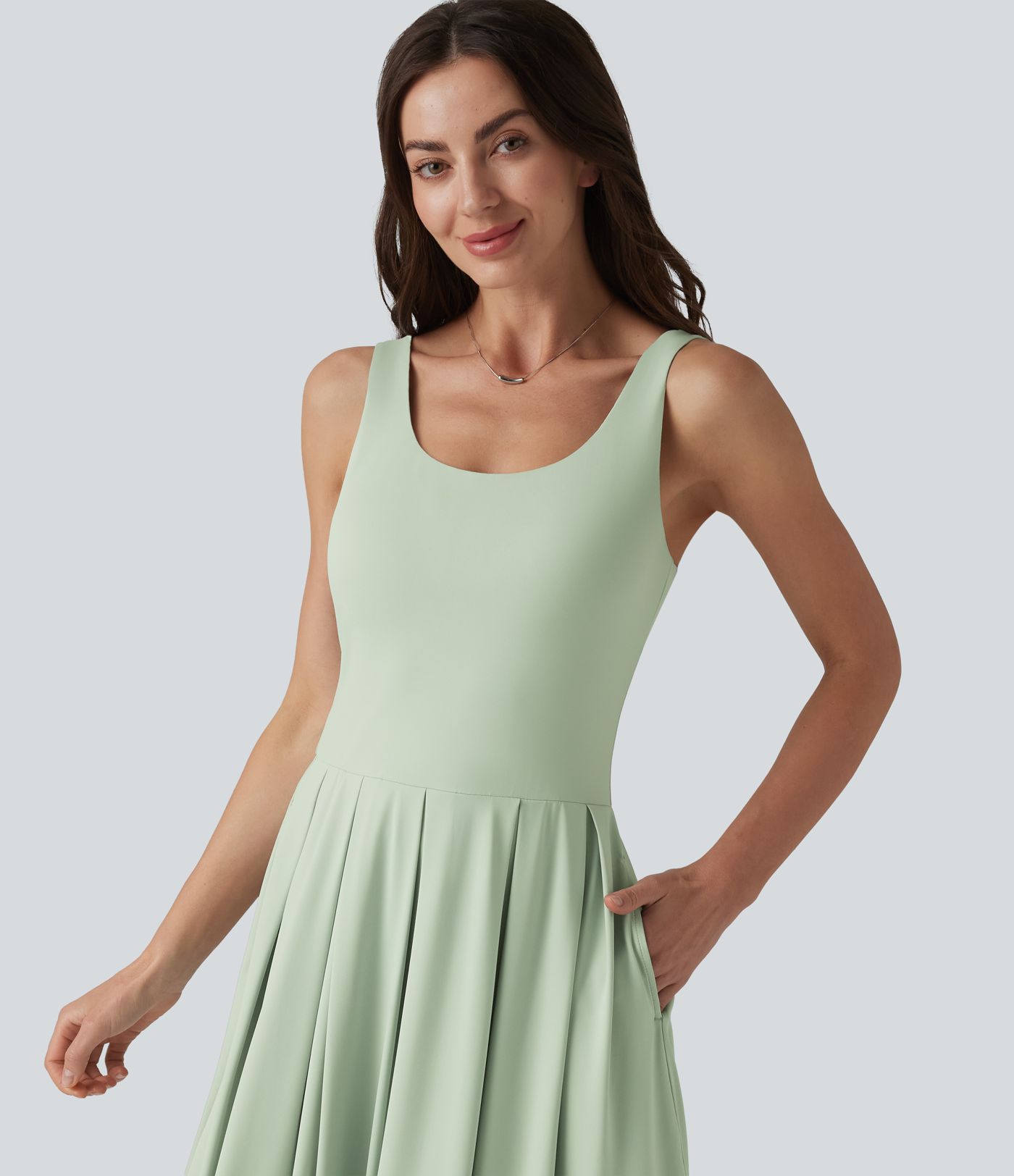 U Neck Built-in Bra Flowy Midi Casual Tank Dress with Pockets