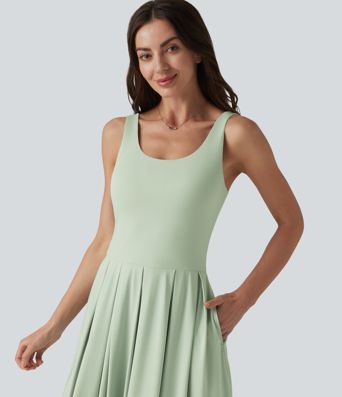 U Neck Built-in Bra Flowy Midi Casual Tank Dress with Pockets