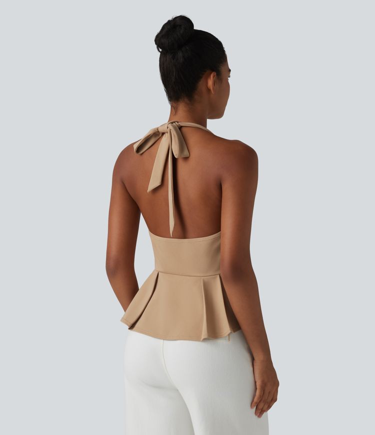 Halter Tie Back Pleated Casual Tank Top