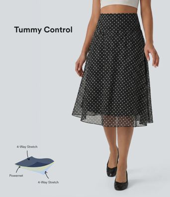 High Waisted Tummy Control Polka Dot Mesh Knee Length Casual Skirt with Pockets