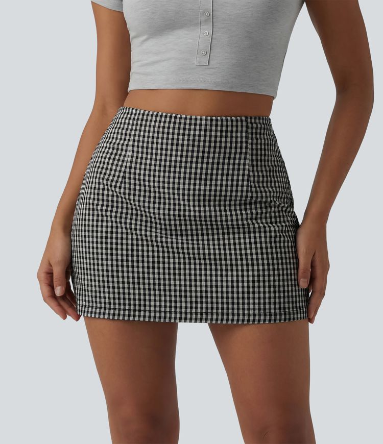 High Waisted 2-in-1 A Line Plaid Mini Casual Linen-Feel Skirt