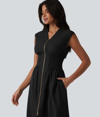 V Neck Sleeveless 2-Way Zipper Midi Work Dress with Pockets V Neck Sleeveless 2-Way Zipper Midi Work Dress with Pockets