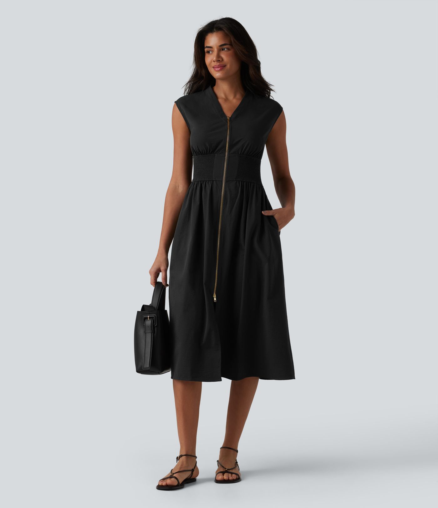 V Neck Sleeveless 2-Way Zipper Midi Work Dress with Pockets V Neck Sleeveless 2-Way Zipper Midi Work Dress with Pockets