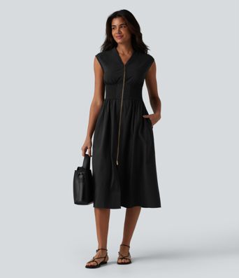 V Neck Sleeveless 2-Way Zipper Midi Work Dress with Pockets V Neck Sleeveless 2-Way Zipper Midi Work Dress with Pockets