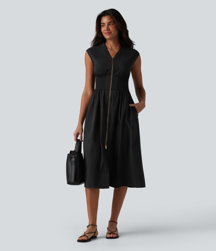 V Neck Sleeveless 2-Way Zipper Midi Work Dress with Pockets V Neck Sleeveless 2-Way Zipper Midi Work Dress with Pockets