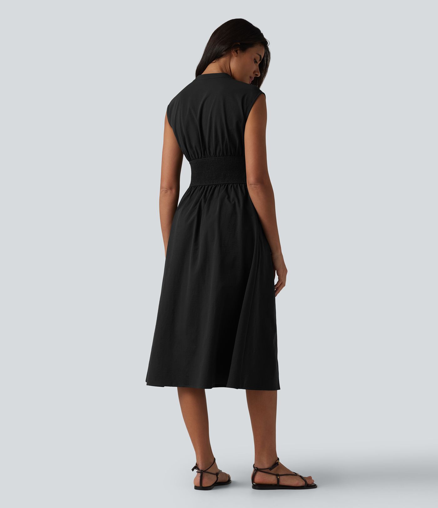 V Neck Sleeveless 2-Way Zipper Midi Work Dress with Pockets V Neck Sleeveless 2-Way Zipper Midi Work Dress with Pockets