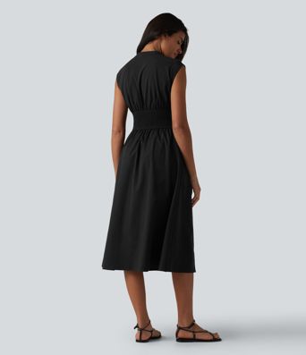 V Neck Sleeveless 2-Way Zipper Midi Work Dress with Pockets V Neck Sleeveless 2-Way Zipper Midi Work Dress with Pockets