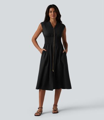 V Neck Sleeveless 2-Way Zipper Midi Work Dress with Pockets V Neck Sleeveless 2-Way Zipper Midi Work Dress with Pockets