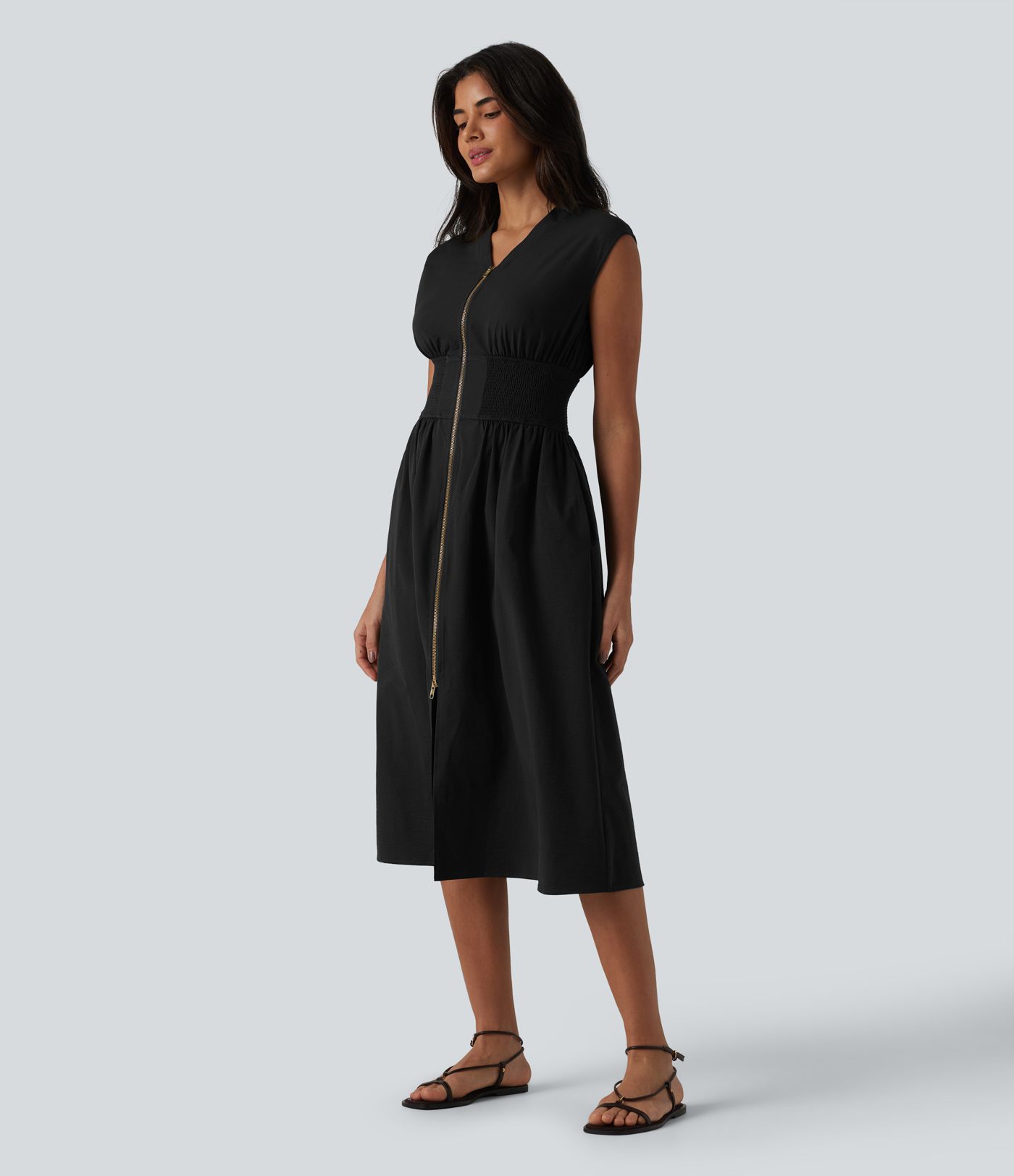 V Neck Sleeveless 2-Way Zipper Midi Work Dress with Pockets V Neck Sleeveless 2-Way Zipper Midi Work Dress with Pockets