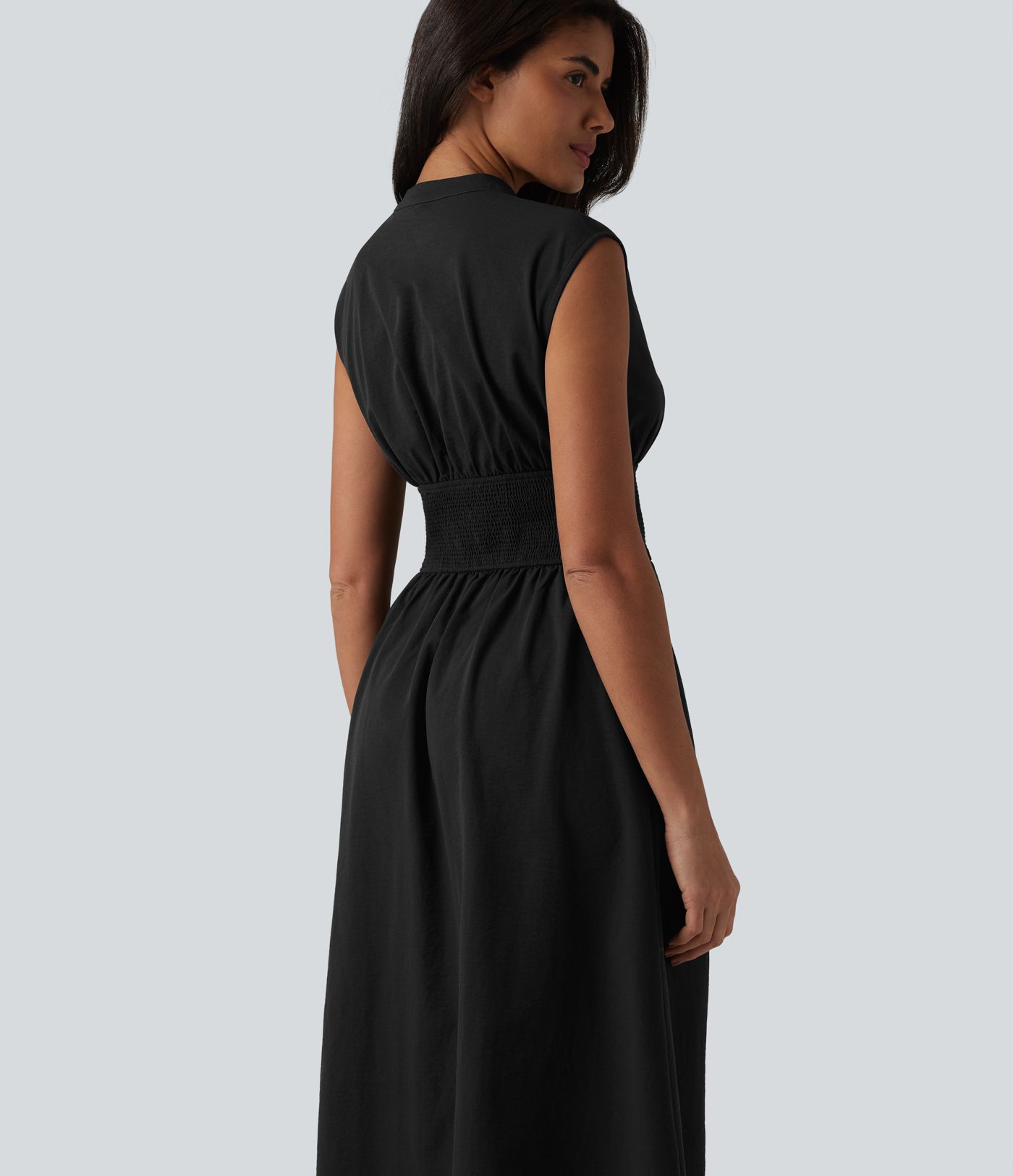 V Neck Sleeveless 2-Way Zipper Midi Work Dress with Pockets V Neck Sleeveless 2-Way Zipper Midi Work Dress with Pockets