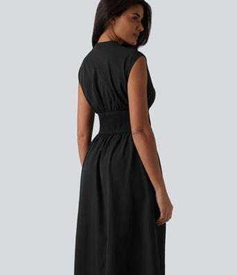 V Neck Sleeveless 2-Way Zipper Midi Work Dress with Pockets V Neck Sleeveless 2-Way Zipper Midi Work Dress with Pockets