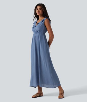 Rückenfreies, ärmelloses Midikleid mit V-Ausschnitt, Seitentaschen und Rüschenbesatz