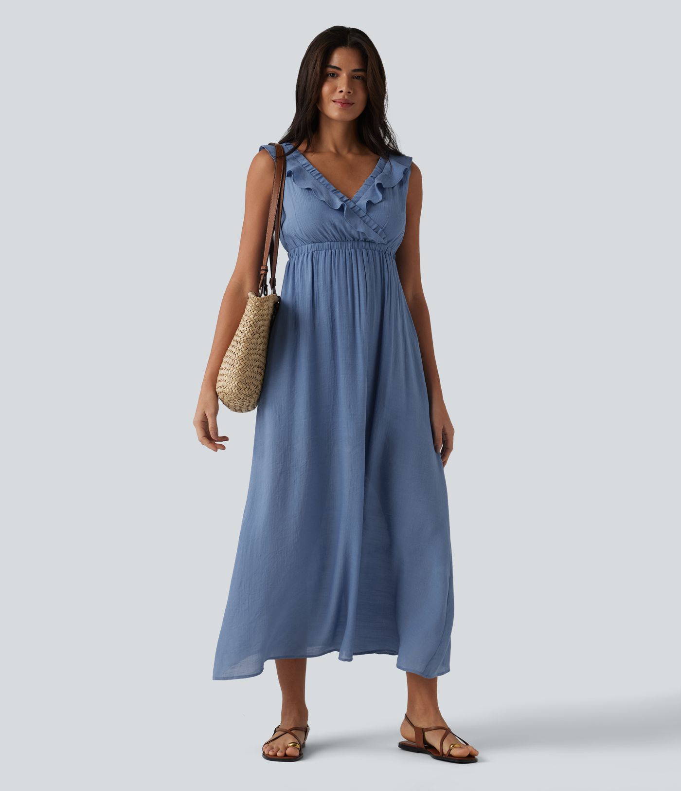 Rückenfreies, ärmelloses Midikleid mit V-Ausschnitt, Seitentaschen und Rüschenbesatz