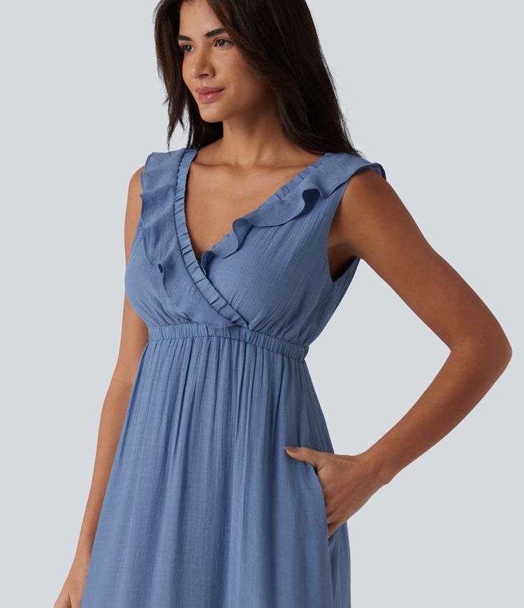 Rückenfreies, ärmelloses Midikleid mit V-Ausschnitt, Seitentaschen und Rüschenbesatz