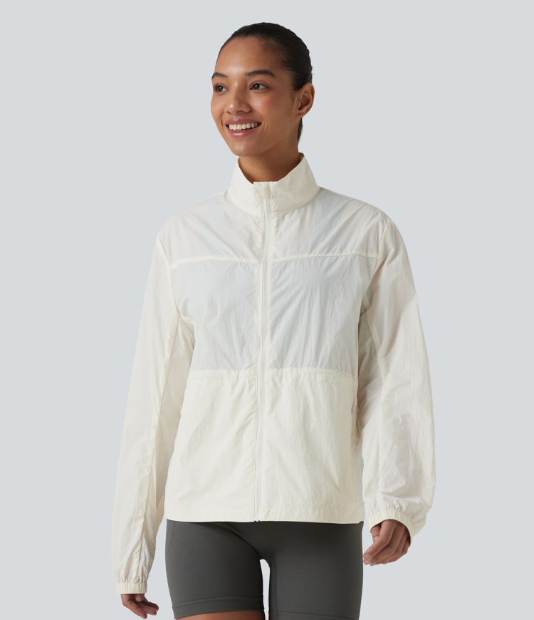 Water Repellent Long Sleeve Workout Jacket with Pockets-UPF40+