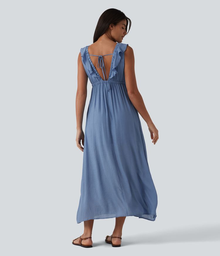 Rückenfreies, ärmelloses Midikleid mit V-Ausschnitt, Seitentaschen und Rüschenbesatz