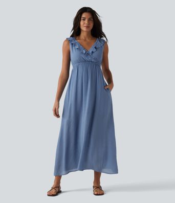 Rückenfreies, ärmelloses Midikleid mit V-Ausschnitt, Seitentaschen und Rüschenbesatz