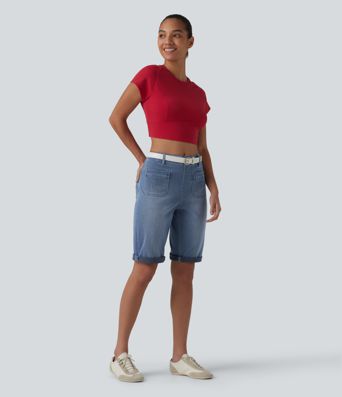 Halara Flex™ Short en jean casual taille mi-haute ourlet roulé avec poches