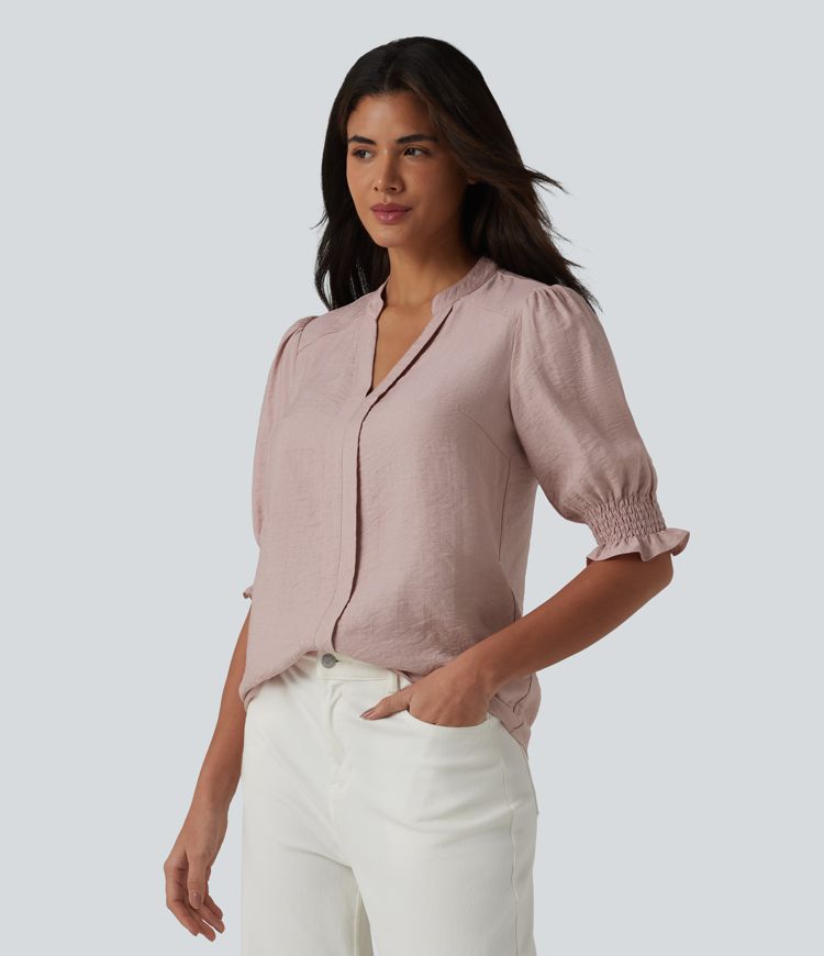 V Neck Puff Short Sleeve Casual Blouse