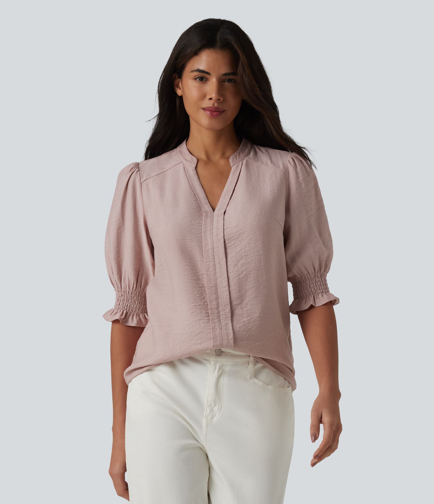 V Neck Puff Short Sleeve Casual Blouse